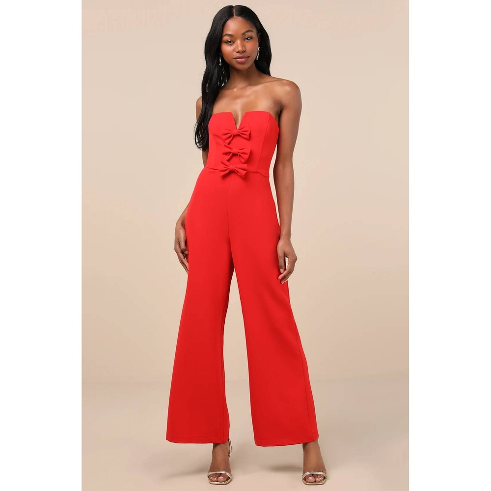 NWT Lulus Opulent Outlook Red Bow Strapless Wide-Leg Jumpsuit HolidaySize S